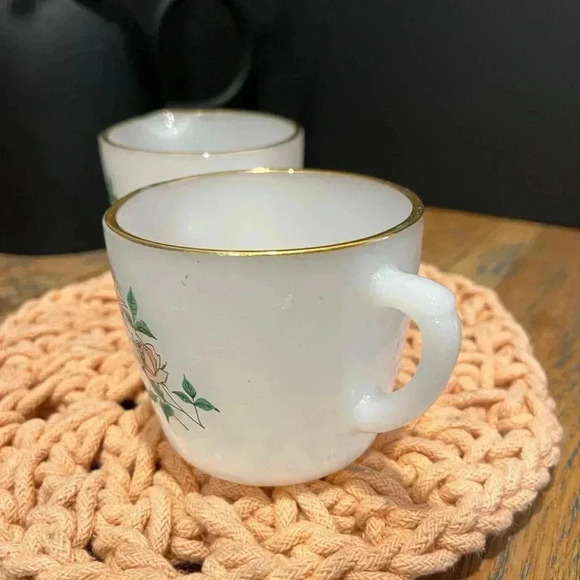 Vintage Fire-King Milk Glass Cups – Rose Motif & Gold Rim (Set of 2) - Picture 3 of 9